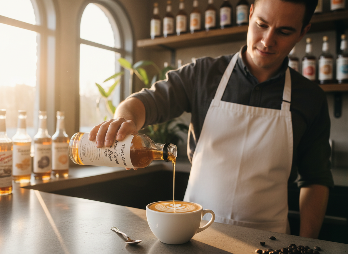 Barista pouring syrup into latte - TrueCareCorner brand story