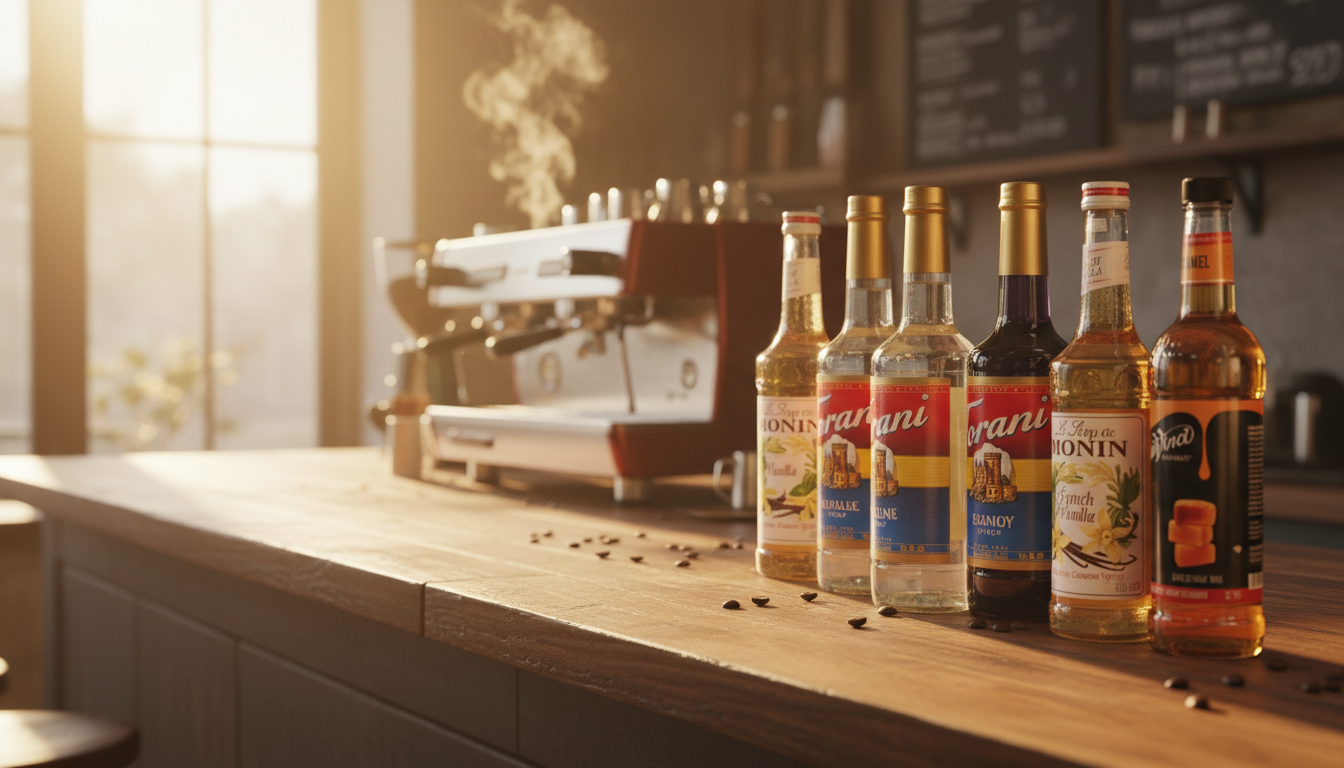 Hero banner featuring Torani, Monin and DaVinci syrup bottles in a coffee shop setting